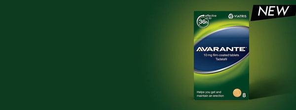 Image of a green rectangular Avarante box labeled NEW, featuring 10mg film-coated Tadalafil tablets (pack of 8). It claims to be effective for up to 36 hours, offering a solution for erection issues by helping achieve and maintain an erection.
