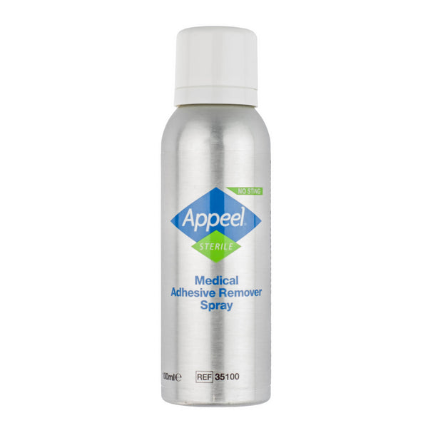A silver aerosol of Appeel Sterile Medical Adhesive Remover Spray with a white cap, showcasing a blue diamond logo and green accents. The label includes No sting, Sterile, and 100ml e. Its alcohol-free, medical-grade silicone formula is ideal for removing adhesive dressings.