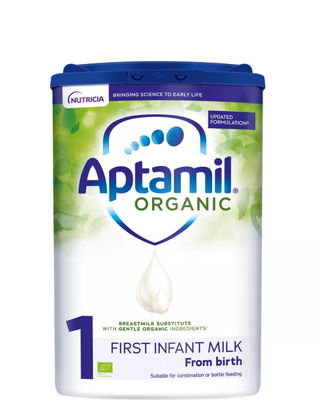 Aptamil Organic 1 Milk (800g) features a blue lid and droplet graphic on the label, highlighting from birth, emphasizing suitability for early life nutrition with organic ingredients for combination or bottle feeding.