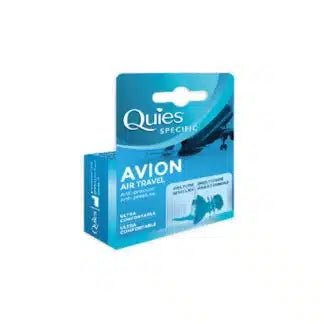 The Quies Avion Air Travel earplugs come in a box featuring blue packaging with an airplane image and multilingual text, designed to reduce pressure during flights.