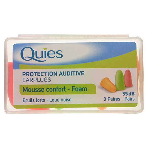 A clear plastic box displays Quies Foam Earplugs - 35db (3 Pairs), labeled Protection Auditive for excellent noise protection, featuring three pairs in vibrant orange, green, and pink for a comfortable fit.