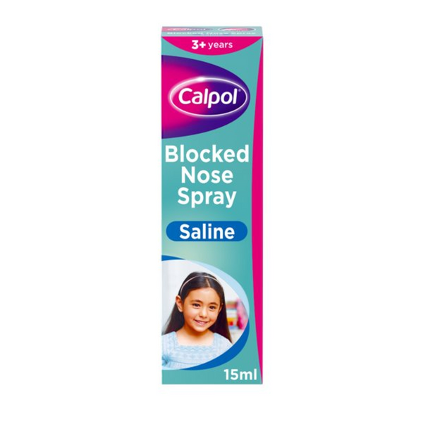 Calpol Blocked Nose Spray Saline (15ml) for children 3+, in purple and pink packaging with a smiling child, provides congestion relief.