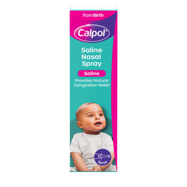 Calpol Saline Nasal Spray from birth (15ml) features a pink and turquoise design with a baby in a white shirt, highlighting natural relief from nasal congestion suitable for infants from birth.