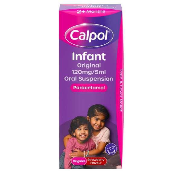 A 200ml bottle of Calpol Infant Suspension Original Strawberry, a sugar-free paracetamol formula for pain and fever relief in children aged 2+ months. The purple and pink box shows two smiling children at the bottom.