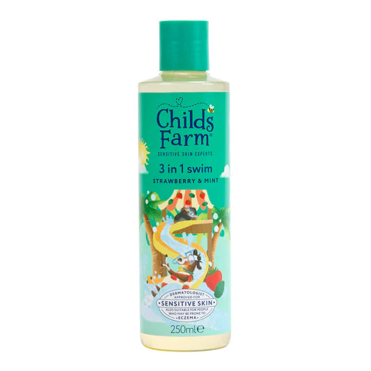 The image shows a 250ml Childs Farm 3 in 1 Swim Strawberry & Mint body wash, which has a green cap and tear-free formula for sensitive skin. Its label features colorful, playful illustrations of children swimming.