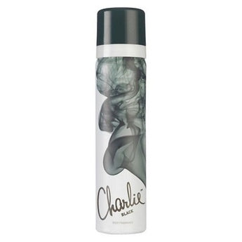 A tall, white can of Charlie Bodyspray Black (75ml) by Charlie features a dark cap, smoky gray wisps in the design, and the elegant Charlie logo scripted near the bottom.