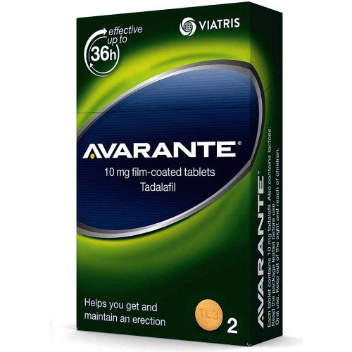 The image shows a box of Avarante 10mg Tablets for ED, containing tadalafil film-coated tablets effective for up to 36 hours. The package displays a green background with a unique blue oval design.