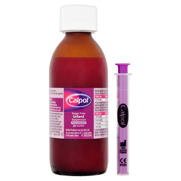 A bottle of Calpol Infant Suspension Strawberry Sugar Free (200ml) by Calpol is placed beside a purple dosing syringe on a white background, emphasizing gentle pain and fever relief for infants.