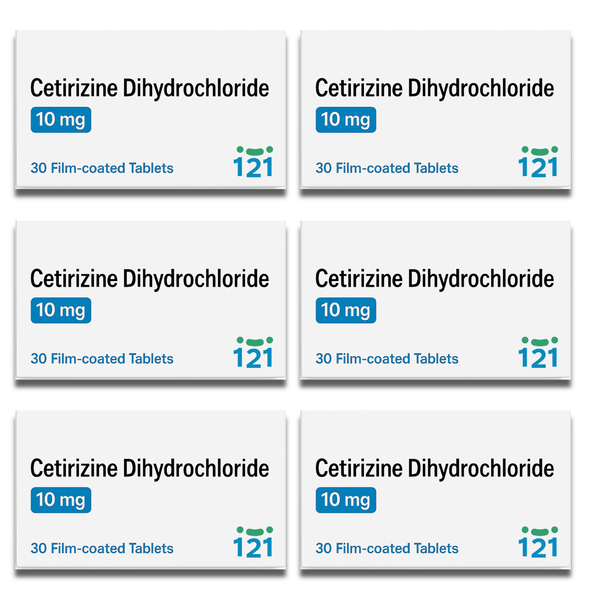 Eight packs of Cetirizine Dihydrochloride Tablets 10 mg (Brand May Vary), each with 30 tablets, are arranged in two rows. The mainly white boxes feature blue and green accents, suitable for effective hay fever or allergy relief.
