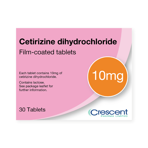 Crescent Cetirizine Dihydrochloride, 10mg strength, provides effective allergy relief with 30 non-drowsy hayfever tablets in a pink and white box featuring the Crescent logo.
