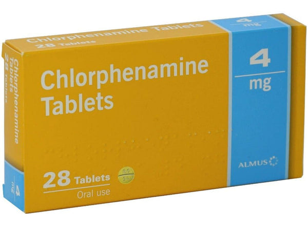 A yellow and blue box labeled Chlorphenamine 4mg Tablets (28 tablets), an effective antihistamine for allergy relief and oral use, with Brand May Vary as the displayed brand name.