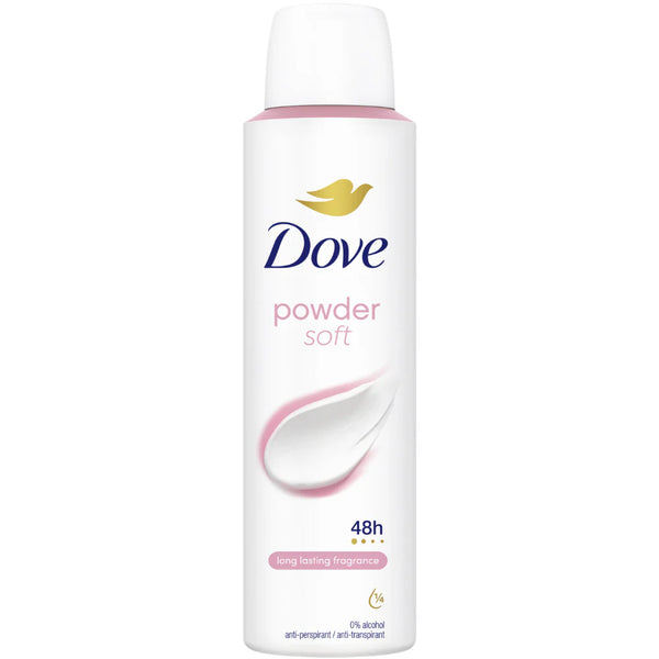 A white 150ml can of Dove Anti-Perspirant Deodorant Spray Powder Soft features a pink label, gold Dove logo, and pink-white cream swirl. Claims: 48h lasting freshness, long-lasting fragrance, and 0% alcohol.