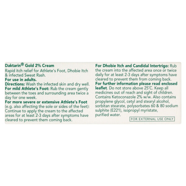 Image of a Daktarin Gold 2% Ketoconazole Cream (15g) package, showing detailed instructions for treating athletes foot. It includes directions for application, storage warnings, and states it is for external use only.