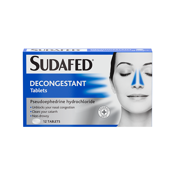 A blue and white pack of Sudafed Decongestant Tablets features an image of a womans face with highlighted areas. It promises sinus relief by unblocking nasal congestion and clearing catarrh, containing 12 non-drowsy tablets.