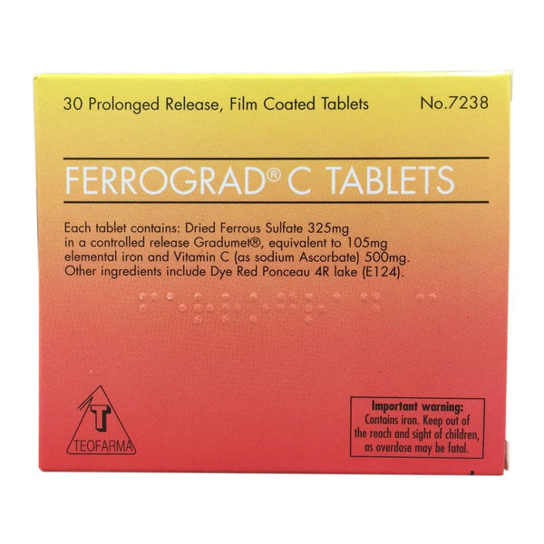 The Ferrograd Tablets (Pack of 30) by Generic are in vibrant red and orange packaging with bold black text, containing prolonged release, film-coated tablets for iron-deficiency anaemia. The box includes iron and vitamin C content details, along with a Teofarma logo.