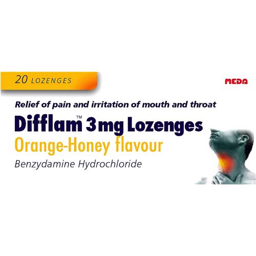 Difflam 3mg Lozenges Orange-Honey (20 Lozenges) by Difflam, with benzydamine hydrochloride, packaged to highlight sore throat relief and comfort for mouth and throat discomfort. Features image showing throat pain and relief.