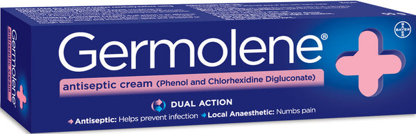 A 55g box of Germolene Antiseptic Cream Wound Care Cream features a pink medical cross and highlights dual action—phenol and chlorhexidine digluconate provide infection prevention and pain relief for minor wounds.