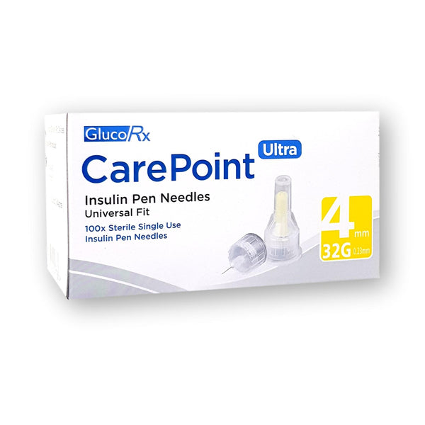 A box of GlucoRx CarePoint Ultra 4mm/32G insulin pen needles with Maxflow technology contains 100 sterile, anti-coring single-use needles. The white package with blue and yellow text features two visible needles beside it, highlighting precision and care.