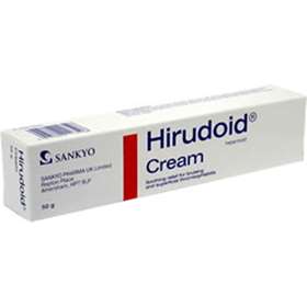 A rectangular box of Hirudoid Cream (50g), effective for managing superficial thrombophlebitis and bruising, is pictured. The packaging is white with blue and red text displaying Hirudoid Cream prominently next to the Sankyo logo.