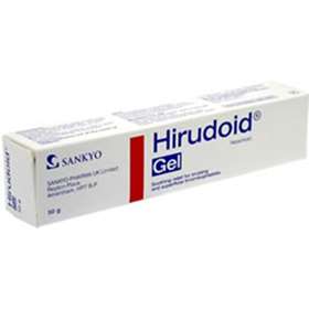 The image shows a white rectangular box of Hirudoid Gel (50g), known for bruise relief. The packaging includes blue and red text with the logo on the left, indicating its use for reducing swelling and treating inflammation.