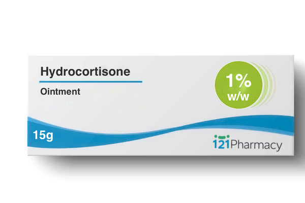 A 15g box of Hydrocortisone Ointment 1% for bites and stings (Brand May Vary), featuring blue and green design accents and the 121 Pharmacy logo on the bottom right, provides effective skin relief.