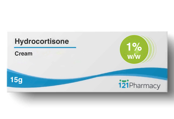 A 15g tube of Hydrocortisone Cream 1% for bites and stings (Brand May Vary), featuring blue wave graphics and the 121Pharmacy logo at the lower right corner. Ideal for eczema relief.