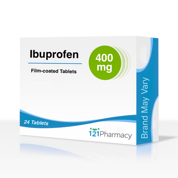 A white and blue box of Ibuprofen Tablets 400mg by Brand May Vary contains 24 tablets. It has a green circular design, is over-the-counter with the i21 Pharmacy logo, and ideal for pain relief.