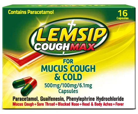 Lemsip Max Mucus & Cold (16 Capsules) offers effective cold and flu relief for symptoms like sore throat and headaches. This green and yellow box with red and white design contains paracetamol, guaifenesin, and phenylephrine hydrochloride for mucus cough treatment.