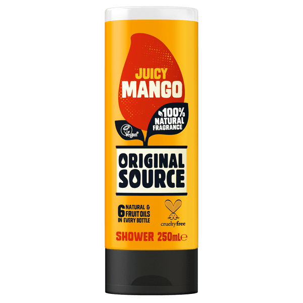 Original Source Mango (250ml) shower gel by Original Source features a yellow-orange label, 100% natural fragrance, is cruelty free, and offers a juicy tropical mango scent.