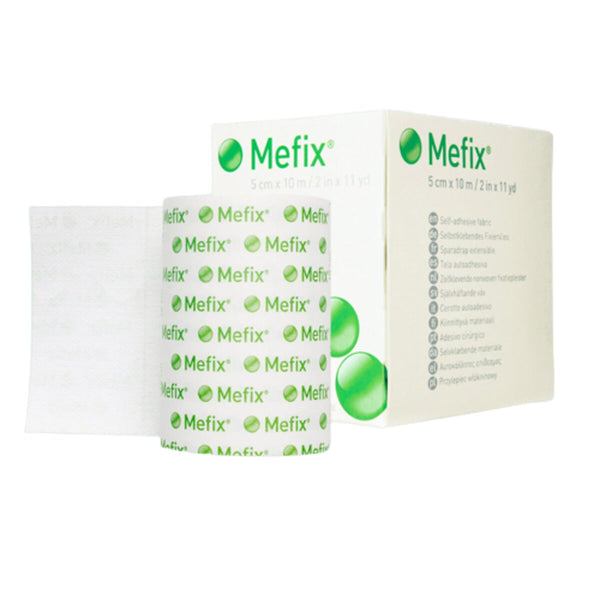 A partially unrolled roll of Molnlyckes MEFIX self-adhesive fabric tape (5cm x 10m) demonstrates its versatility for secure dressing fixation. The white tape with green text matches the box decorated with product details and green graphics, highlighting its porous polyester elastic design.