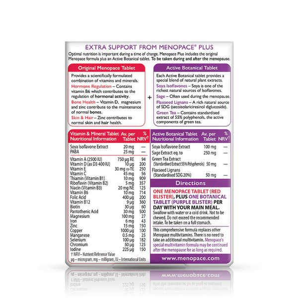 The Vitabiotics Menopace Plus Dual Pack (56 Tablets) box shows supplement facts, active ingredients like Soya Isoflavones for menopause support, usage directions, and website info in purple, red, and black on a white background.
