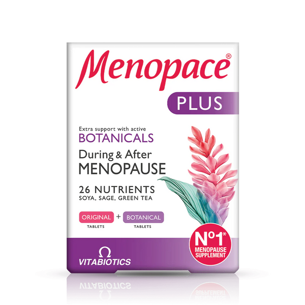 A box of Vitabiotics Menopace Plus Dual Pack (56 Tablets) menopause supplements, featuring 26 nutrients, Soya Isoflavones, sage, green tea, and labeled as the No.1 menopause supplement for nutritional support during and after menopause.