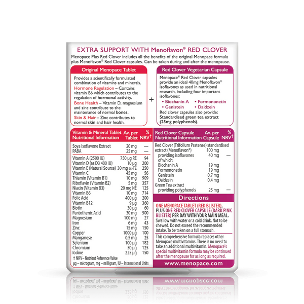 The supplement facts panel for Vitabiotics Menopace Red Clover Dual Pack details vitamins, minerals, red clover extract for menopause support, nutritional info, dosage instructions, and Vitabiotics’ contact information.