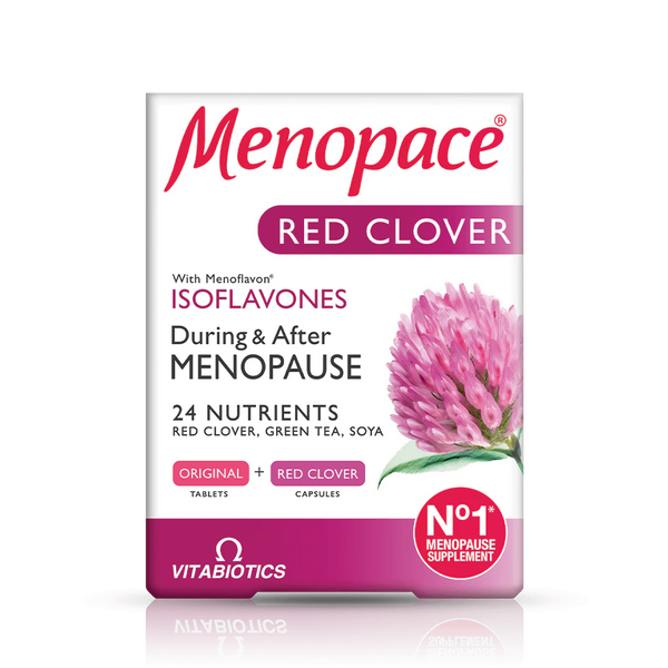 Vitabiotics Menopace Red Clover Dual Pack (28 tablets-28 capsules) menopause supplement. Features pink clover flower, highlights 24 nutrients for hormone balance, including red clover, green tea & soya. For use during/after menopause.