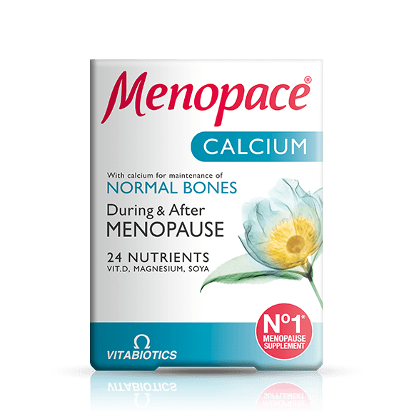 Vitabiotics Menopace Calcium (60 Tablets) by Vitabiotics supports bone health and hormone regulation during and after menopause, with 24 nutrients plus added calcium. The box features a blue and yellow flower design.