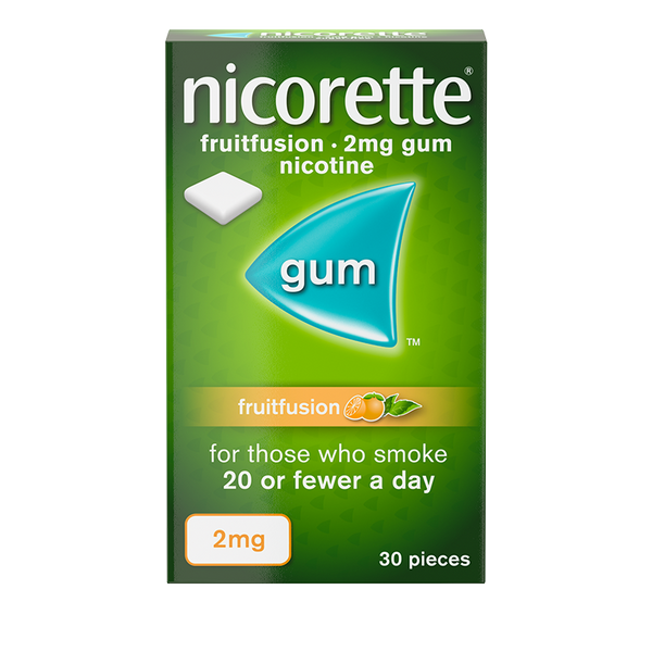 Nicorette Fruitfusion 2mg Nicotine Gum (30) helps manage withdrawal symptoms for those smoking 20 or fewer a day. The green packaging has a blue triangle marked gum.