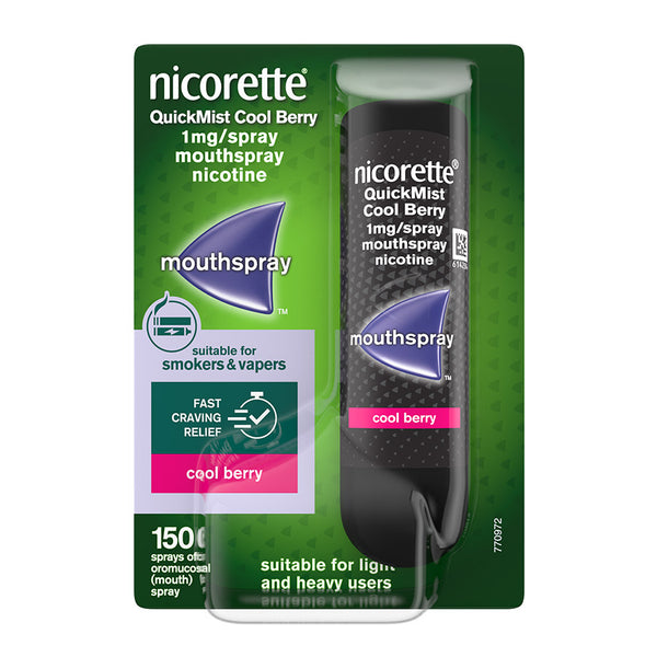 Nicorette Quickmist 1mg Mouth Spray (Cool Berry) by Nicorette is a stop smoking aid that offers fast craving relief for smokers and vapers, with 150 sprays per pack.