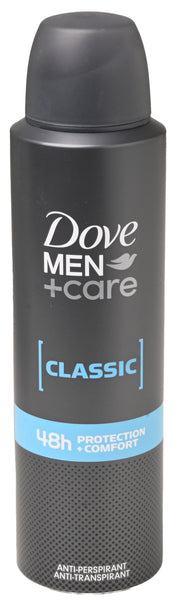 A 150ml black can of Dove Men Care Classic Anti-Perspirant spray with blue and white text offers 48h sweat protection and comfort.
