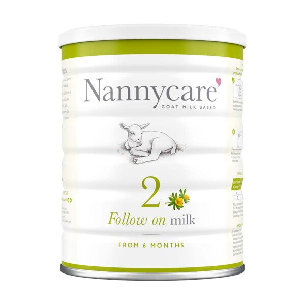 Nannycare Follow On Milk 2 (900g) by Nannycare, made with premium New Zealand goat milk for infants from 6 months, features a baby goat illustration, green accents, and the number 2 on the front.