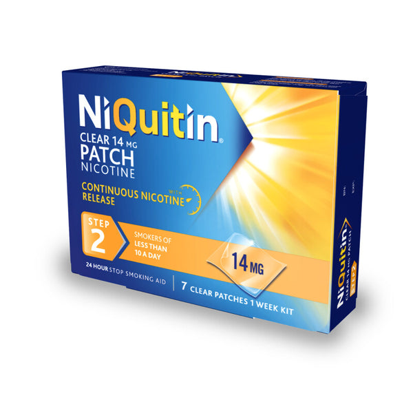 Box of Niquitin Step 2 Clear Patch 14mg features a blue and yellow sunburst design for quitting smoking. Includes 14 patches offering continuous nicotine release as craving relief for smokers of less than 10 a day in a convenient two-week kit.