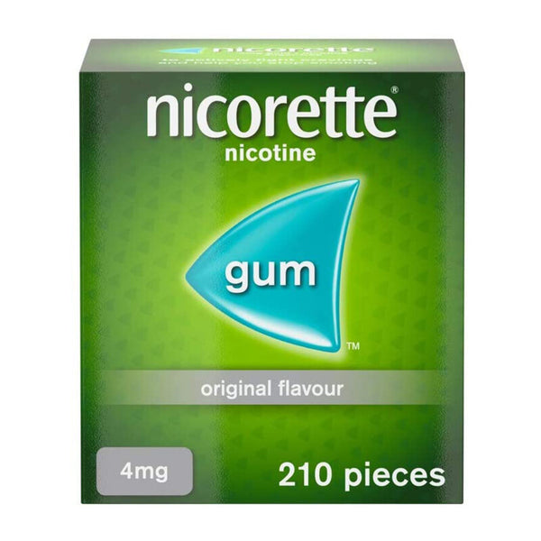 Nicorette Gum Original Classic 4mg (210pcs) by Nicorette comes in green packaging with a blue gum graphic and white text—designed to help manage withdrawal symptoms and support smoking cessation.