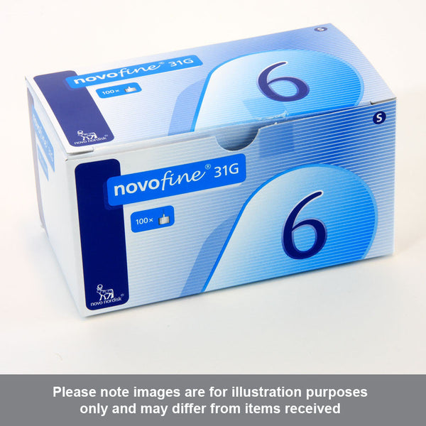 A blue and white box labeled Novofine 31G 6mm Blue (100pcs) by Novo Nordisk contains 100 needles ideal for insulin injections. The number 6 is prominent. A disclaimer advises that images may differ from actual items, making it perfect for managing diabetes effectively.