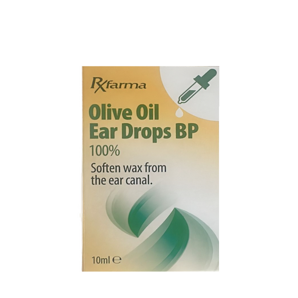 A 10ml box of Rxfarma Olive Oil Ear Drops (GLASS DROPPER) features green and white packaging with a dropper illustration and is labeled by Rxfarma to soften ear canal wax.