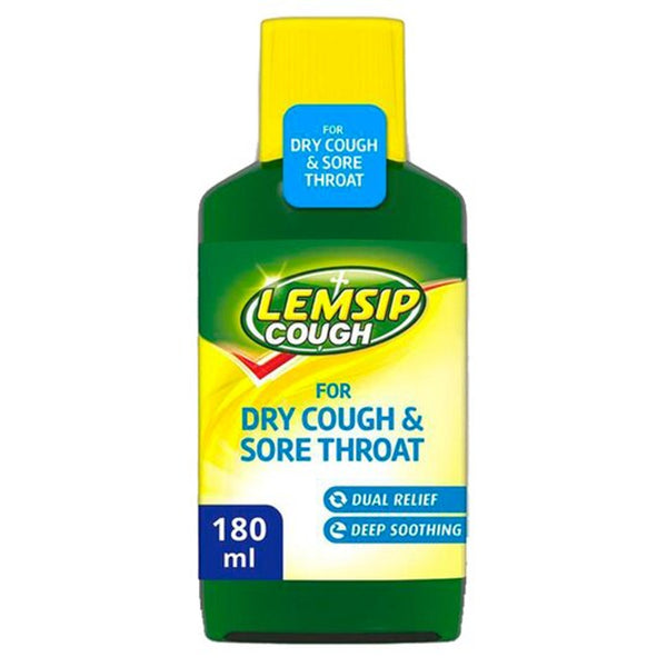 The Lemsip Cough for Dry Cough & Sore Throat Solution (180ml) offers Dual Relief and Deep Soothing benefits in a non-drowsy formula. The green bottle comes with a yellow cap, designed for effective symptom relief.