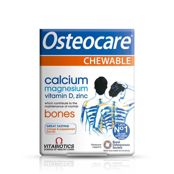 Vitabiotics Osteocare Chewable Tablets (30 Count) features vibrant illustrations highlighting skeletal structures and contains calcium, magnesium, vitamin D, and zinc to support bones and teeth. Offering various flavors, it claims to be the UKs No.1 calcium brand.