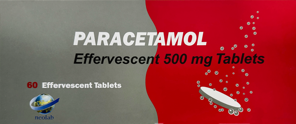 Paracetamol Effervescent 500mg Tablets (60) by Brand May Vary. Packaging shows a dissolving tablet with bubbles on a red and gray background, ideal for pain relief and reducing fever.