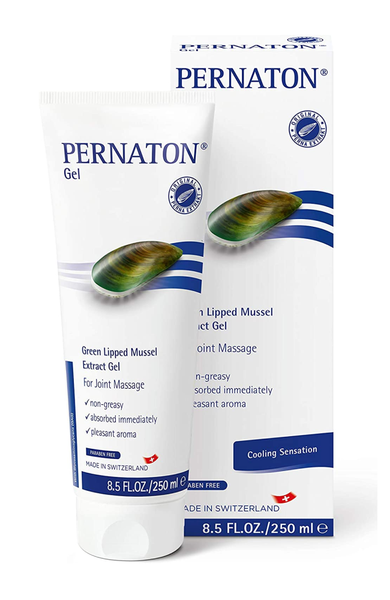 A 250ml tube of Pernaton Green Lipped Mussel Gel is placed in front of its box, which highlights its Swiss-made quality, joint care benefits, non-greasy formula, quick absorption, and pleasant aroma.