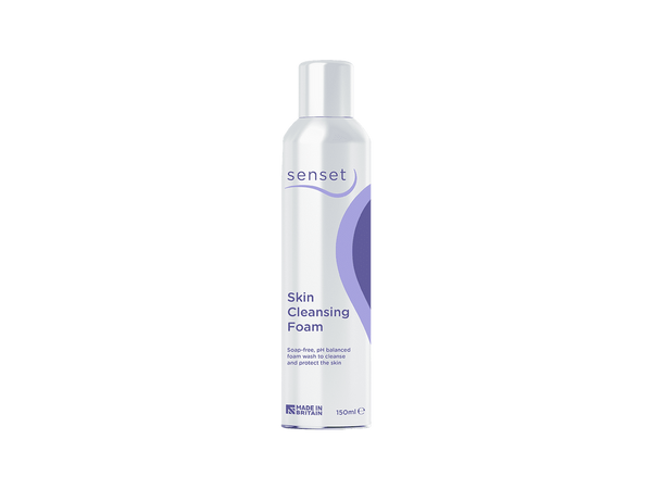 The 150ml Senset Skin Cleansing Foam by Vernacare features a sleek white and purple bottle design. Ideal for incontinence care, this soap-free, pH-balanced formula cleanses and protects skin. Proudly crafted in Britain.