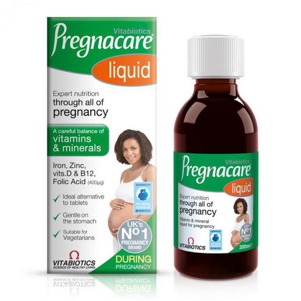 A 200ml bottle and box of Vitabiotics Pregnacare Liquid, featuring green and orange packaging with a pregnant woman, highlights folic acid, essential vitamins, minerals, and nutritional support for pregnancy.