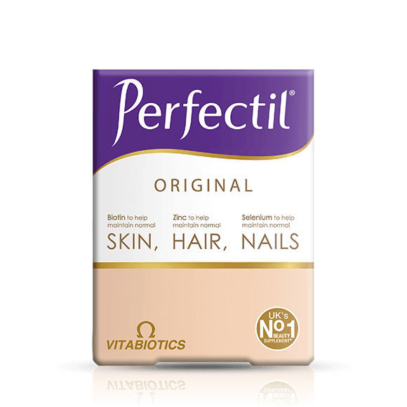 Vitabiotics Perfectil Original Tablets (90 count) by Vitabiotics, the UK’s No. 1 beauty supplement, support skin, hair, and nails with biotin, zinc, and selenium. Presented in purple and beige packaging.